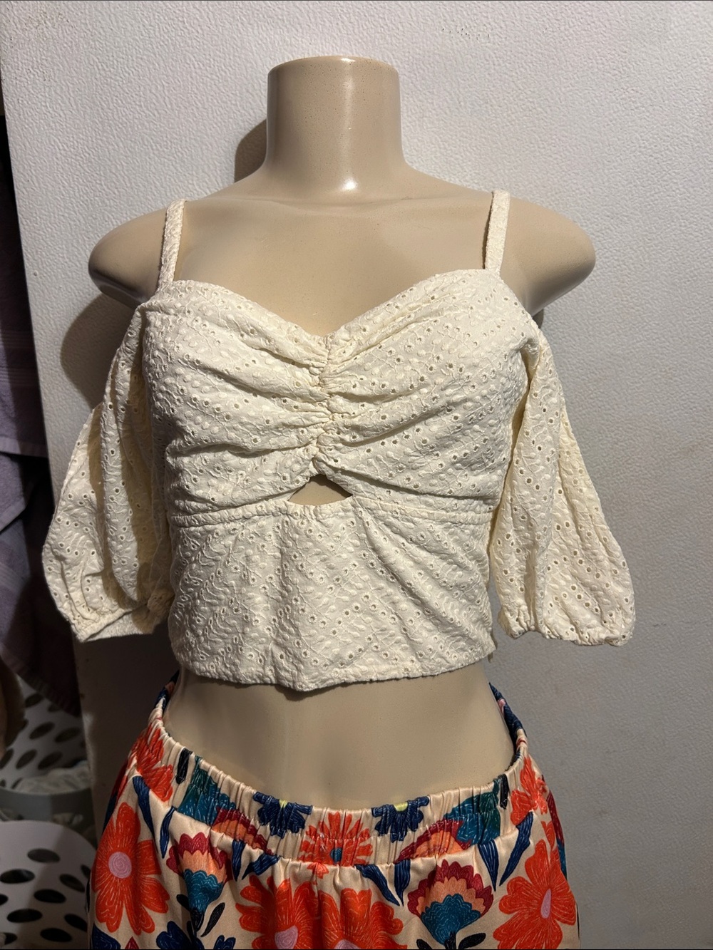 Cream Eyelet Ruched Cutout Crop Top